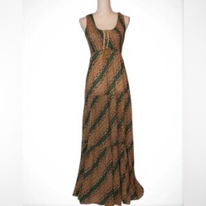 JODY T of CA VINTAGE 70s Bohemian Peasant Cotton Maxi Dress Green/Tan Size 9